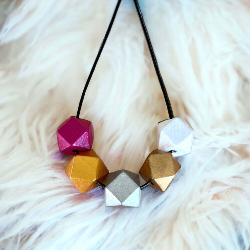 NEW Handmade Wooden Geometric Modern Beaded Statement Necklace Colorful Jewelry